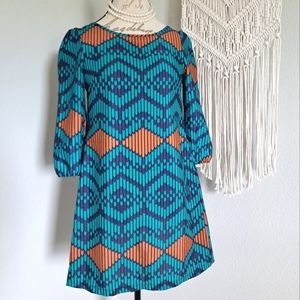 Gorgeous Teal and Mustard Aztec Pattern Mini Dress Bella D Small BOHO